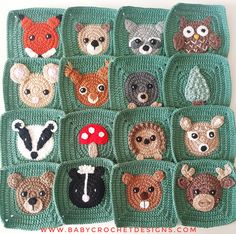 a crocheted square with many different animals on it and the words baby crochet designs written below