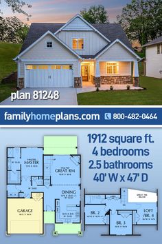 two story house plan with 2 car garage and attached living area, large front yard