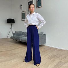 Ladies Trousers, Blue Office, Office Pants, Pants Women Fashion, Wide Trousers, Women Office, Blue Trousers, Costume Intero, Women Pants