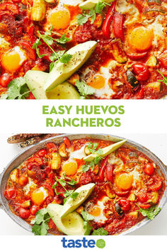 two pictures with different types of food in them and the words easy huevo's rancheros