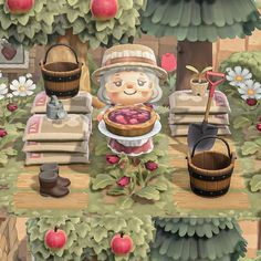 an animated image of a woman holding a pie in front of apples and other items