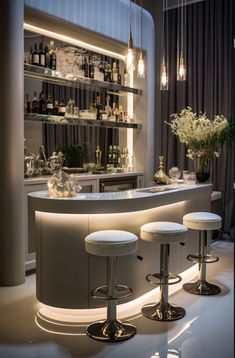 a bar with three stools in front of it