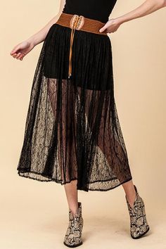 FavluxParty lace sheer midi skirt with shorts lining. Wide 2.5" decorative shoelace belt. Juniors sizing. Semi sheer shorts. Runs small. Color: Black Waist stretched 28-30-32, Length 33" on size Large 100% Polyester, hand wash cold, importedB4/LUX11381 Shoelace Belt, Sheer Midi Skirt, Belted Midi Skirt, Skirt With Shorts, Sheer Shorts, Belted Shorts, Skirt Belt, Wide Belt, Black Media