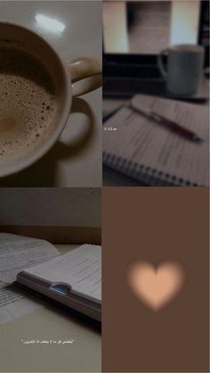 coffee and notebooks are shown in three different pictures, one with a heart shaped shadow