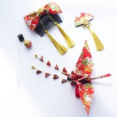 an assortment of hair accessories on a white surface