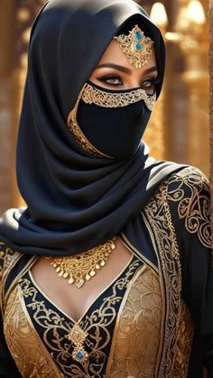 a woman in a black and gold outfit with a veil on her head, wearing jewelry