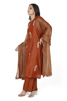 Brown chanderi kurta with sequin embroidered paisley motifs. Comes with pant and striped dupatta. - Aza Fashions Tussar Silk Churidar With Dabka Work, Paisley Pants, Paisley Motifs, Women Kurta, Straight Kurta, Kurta With Pants, Set Women, Pant Set, Aza Fashion