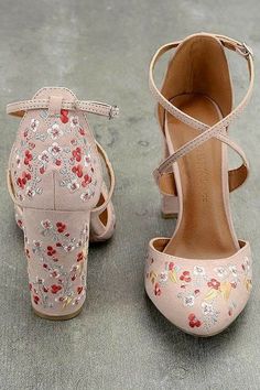 Heels Floral, Vegan Heels, Embroidered Heels, Floral Heels, Embroidery Shoes, Cute Heels, Crazy Shoes, Pretty Shoes, Ankle Strap Heels