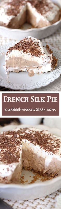 there is a piece of french silk pie on the plate