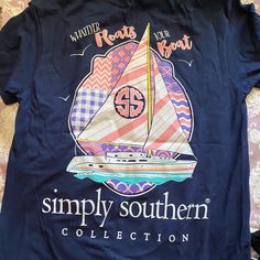 Simply Southern Size Small Whatever Floats Your Boats Casual Navy Summer T-shirt, Navy Crew Neck T-shirt For Spring, Navy Casual T-shirt With Screen Print, Casual Navy T-shirt With Screen Print, Navy Cotton T-shirt For Spring, Patchwork Tshirt, Southern Tee Shirts, Southern T Shirts, Simply Southern T Shirts