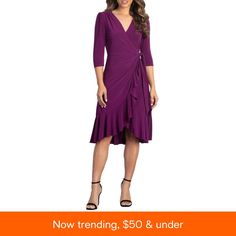 in stock Elegant V-neck Ruffle Dress For Fall, Elegant Spring Ruffle Dress With Ruched Details, Elegant Ruched Ruffle Dress For Spring, Elegant Spring Ruched Ruffle Dress, Elegant Ruffle Dress For Date Night In Fall, Fall Midi Length Ruffle Dress, Fall Midi-length Ruffle Dress, Elegant Fall Dress With Ruffle Hem, Formal Ruched Ruffle Dress