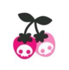 two cherries with skulls on them are shown in pink and black, against a white background