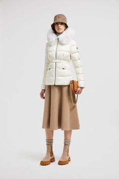 White Boed Short Down Jacket - Short Down Jackets for Women | Moncler US Luxury Winter White Outerwear For Winter, Luxury Hooded Outerwear For Spring, Designer Outerwear With Detachable Hood And Long Sleeves, Luxury Long Sleeve Winter Puffer Jacket, Luxury Long Sleeve Winter White Outerwear, Fitted Designer Puffer Jacket With Padded Collar, Designer Fitted Puffer Jacket With Padded Collar, Luxury Long Sleeve Outerwear With Detachable Hood, Luxury Outerwear With Detachable Hood And Long Sleeves