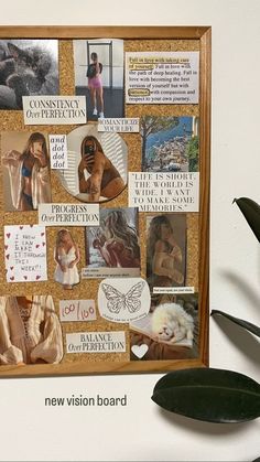 a cork board with pictures and words on it