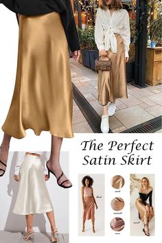 Gold Satin Skirt Outfit Summer, Bronze Skirt Outfit, Long Gold Skirt Outfit, Champagne Skirt Outfit, Gold Satin Skirt Outfit, Satin Skirt Outfit Casual, Gold Skirt Outfit, Long Gold Skirt, Satin Skirt Outfit Summer