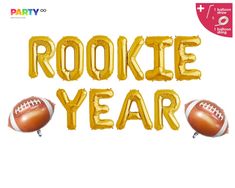 balloon letters that spell out the word rocket year with football balloons in the shape of balls