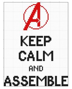 a cross stitch pattern with the words keep calm and assemble in red, black and white