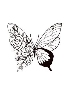 a black and white drawing of a butterfly with flowers on it's wings flying in the air