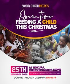 the flyer for feeding a child this christmas, with images of children in purple and white