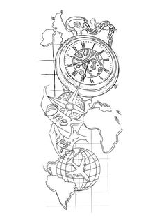 a black and white drawing of a map with a clock on it's face