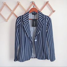 Nwt Pretty Little Thing Striped Blazer Blue And White Striped Versatile/ Easy To Style One Button Closure Great Condition Two Small Flaws On Last Pictures(Not Noticeable) Always Open To Offers Typically Ship Same Day Or Next Us 6 Uk 10 Trendy Summer Blazer With Buttons, Trendy Summer Blazer, Spring Striped Button-up Blazer, Trendy Striped Blazer For Spring, Casual Blue Blazer For Office, Casual Blue Blazer For Office Wear, Blue Summer Blazer For Day Out, Summer Blue Blazer For Day Out, Blue Blazer For Summer Day Out