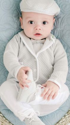 Boys Baptism Outfit | Grayson 3-Piece Suit - Introducing our Grayson 3-Piece Suit for your newest addition! Made from soft quilted cotton and French terry. Handcrafted details include the folded collar, functional pockets, and pleated front creases. #baptism #babyboy #christening White Cotton Suit, Outfit Grey