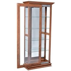 a wooden display case with glass doors