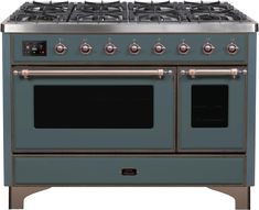 a blue stove with two burners and one oven door is shown in front of a white background