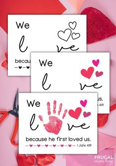 two valentine's day cards with handprints and hearts on them, one is for