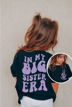 "Introducing our Girls Comfort Colors® T-Shirt, a stylish and personalized piece that celebrates the special role of being a big sister. With its unique design and customizability, this shirt is perfect for your little one to showcase her pride and individuality. The back of the shirt features a large and eye-catching print that boldly states \"In My Big Sister Era.\"  On the front, you'll find a trendy skeleton peace sign pocket print that adds a cool and fashionable element to the shirt. As an extra personal touch, we offer the option to include your child's name in the pocket print. This makes the shirt truly unique and special, reflecting her individuality. Our Girls Comfort Colors® T-Shirt is not only fashionable but also comfortable to wear. Made with high-quality materials, it provi Big Sister Elephant Shirt, Cheer Big Sister Shirts, Threenager Unicorn Shirt, I Am The Big Sister Shirts, Big Sister Little Sister Shirts Vinyl, Big Sister Starter Kit, Cricut Big Sister Shirt, Im Going To Be A Big Sister Photoshoot, Im Going To Be A Big Sister Shirt