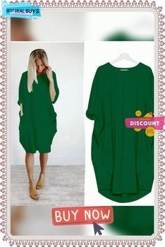 Women's Casual Loose Pocket Long-sleeved Plus-size Dress Spring Crew Neck Dress With Pockets, Casual Solid Color Dress With 3/4 Sleeves, Casual Solid Color 3/4 Sleeve Dress, Casual Solid Color Dresses With 3/4 Sleeves, Casual 3/4 Sleeve Solid Color Dress, Plain Long-sleeve Shift Dress, Casual Long Sleeve Dress For Summer, Green Relaxed Fit Dress For Fall, Solid Color Shift Dress With Half Sleeves