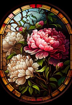 a stained glass window with flowers in it