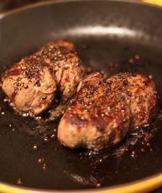 two steaks cooking in a skillet with the words foolroof steak steak without a grill