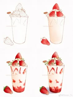 three cups with strawberries and whipped cream in them, one is filled with ice cream