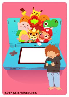 a child standing in front of an open laptop computer with cartoon characters on the screen