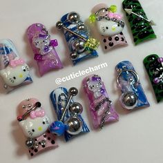 This set is a colorful freestyle with nail art and charms  Length:short Shape:Duck Duck Nails Charms, Duck Nail Press Ons, Chunky Charm Nails, Exotic Duck Nails, Duck Nails Y2k, Junk Nail Designs, Harajuku Nails, Corset Nails, Lexi Nails