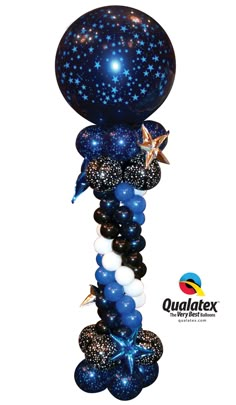 blue and white balloons with stars on them are arranged in the shape of a column