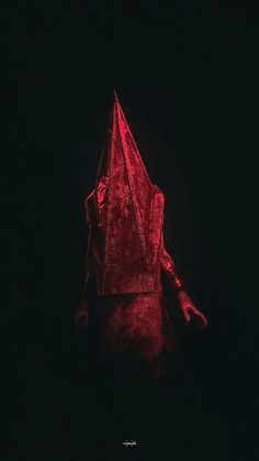 a red sculpture in the dark with its head turned to look like an origami