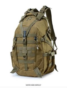 an army backpack with multiple compartments and straps, suitable for camping or travel purposess