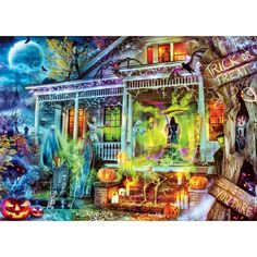 a halloween scene with pumpkins and people in front of a house on a spooky night