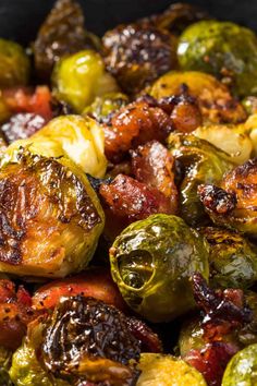 roasted brussel sprouts with balsami and bacon in a skillet