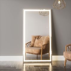 a chair sitting in front of a large mirror