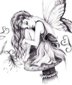 a pencil drawing of a fairy sitting on top of a mushroom with her eyes closed