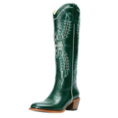 PRICES MAY VARY. Knee-high design: GORBINETI women's city boots feature a classic chunky heel design, with a heel height of 1.97 inches and a boot shaft height of 15.75 inches. pull on green cowboy boots, they can be easily worn and taken off, suitable for all seasons. Comfortable synthetic leather material: Each pair of GORBINETI cowboy boots comes with shock-absorbing insoles and cushioned insoles, creating a custom fit and providing all-day comfort and support. Colors: This knee-high GORBINET Emerald Green Boots, Fun Cowboy Boots, Unique Cowboy Boots, Green Cowboy Boots Outfit, Green Cowboy Boots, Rodeo Queen Clothes, Hoco Shoes, City Boots, Queen Clothes