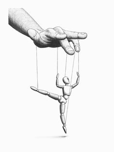 a drawing of two people being puppeted by one hand and the other holding on to strings