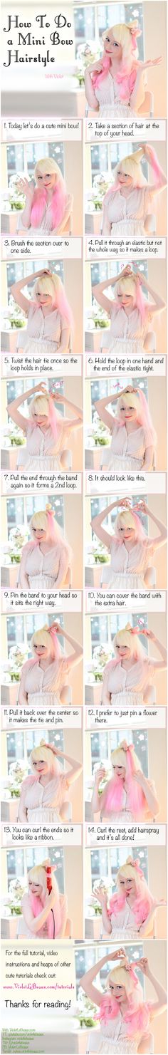 How-To Mini Bow Hairstyle -- Violet le Beaux -- so adorable!!! Bow Hairstyle Tutorial, Rainy Day Hairstyles, Ponytail Hairstyles Tutorial, Ponytail Tutorial, Summer Haircuts, Bow Hairstyle, Mini Bow