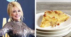 a woman in silver dress next to a white plate with food on it and a photo of a slice of cake