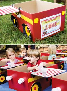 two pictures of children sitting at tables in cardboard boxes with cars and trucks on them