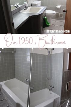 the before and after shots of a bathroom remodeling project in gray tile