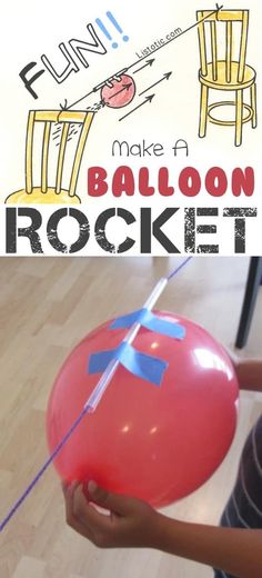 a person holding a red balloon with a string attached to it and an advertisement for the balloon rocket